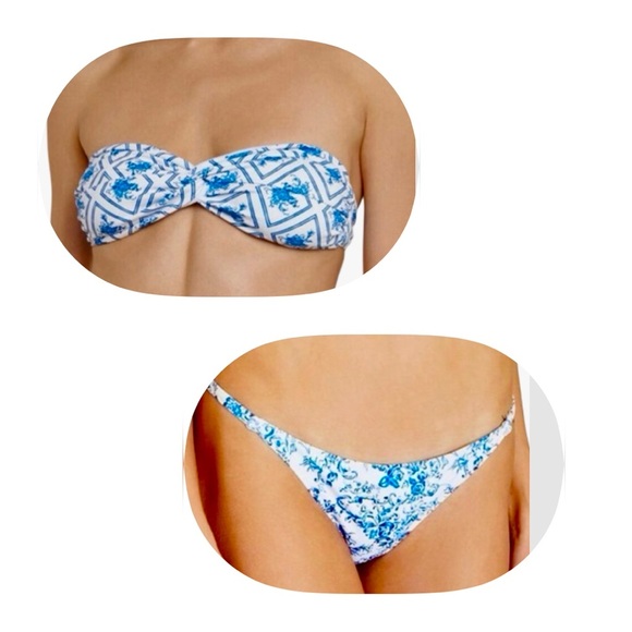 NWT CAROLINE CONSTAS Blue Toile Evie Bandeau Bikini Top Mykela Bikini Bottom LG - Picture 16 of 16